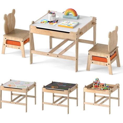 COSTWAY 4 en 1 Table Enfant avec 2 Chaises, Tableau Blanc & Tableau Noir Réversible, Table de Jeux Enfant avec Rangement sous Plateau, 2 Tiroirs en Tissu, Charge 75/100 kg pour 3+ Ans (Panda) (1/5)