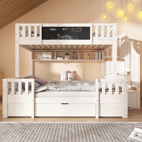 Lit superposé enfant 3 couchages 90x200 et 140x200 cm en bois massif, avec escalier rangement, tiroirs et tableau noir, blanc (1/5)