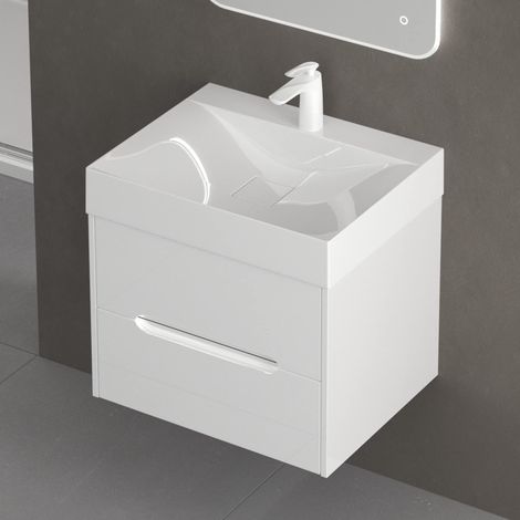 doporro Mobile Bagno Sospeso con Lavabo in Resina Minerale Set di Mobili da Bagno 80x56x48cm Bianco Mobiletto con Lavandino Bagno e 2 Cassetti Spaziosi Seria Yoga-Lackier (1/5)