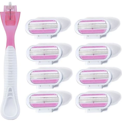 Rasoir Maillot pour Femmes — Tondeuse avec 8 Lames en Acier Inoxydable Triple — Design Ergonomique et Portable pour Voyage & Soins Corporels — Comprend : 1 Porte-Lame + 8 Lames (emballage simple) (1/4)