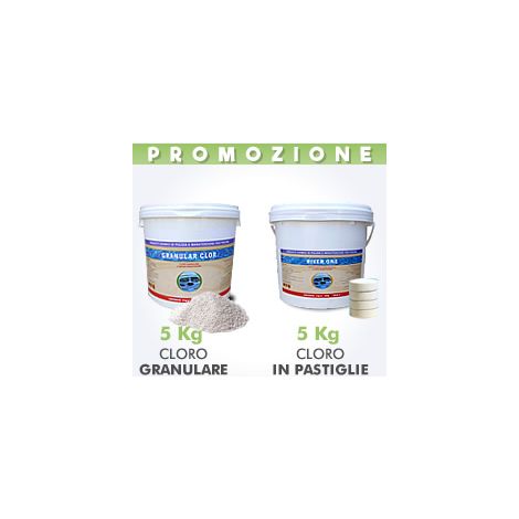 5 Kg di cloro granulare in polvere + 5 Kg di cloro in pastiglie