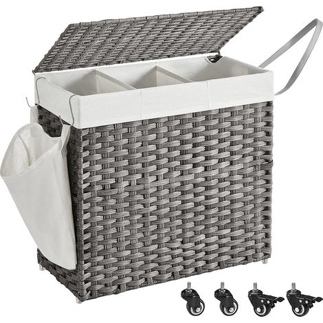 Cesto para la ropa tejido a mano 140 litros imitación ratán 3 compartimentos bolsa extraíble tapa asas fácil montaje salón baño 66 x 33 x 60 cm gris 120006777