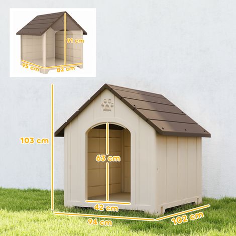 Niche surélevée pour chien avec toit incliné et ventilation, en PP, 102x94x103cm, beige et marron foncé. (1/5)