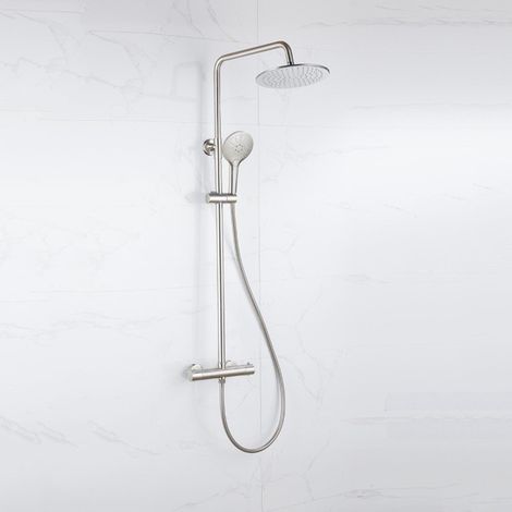 FugaFlow Eccelente Sobrado Ensemble de douche pluie - thermostatique - pommeau 25cm - douchette ronde - Inox brossé PVD (1/4)
