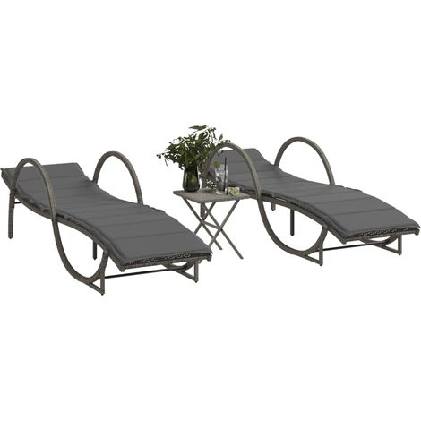Sonnenliegen 2 Stk. mit Tisch Grau Poly Rattan