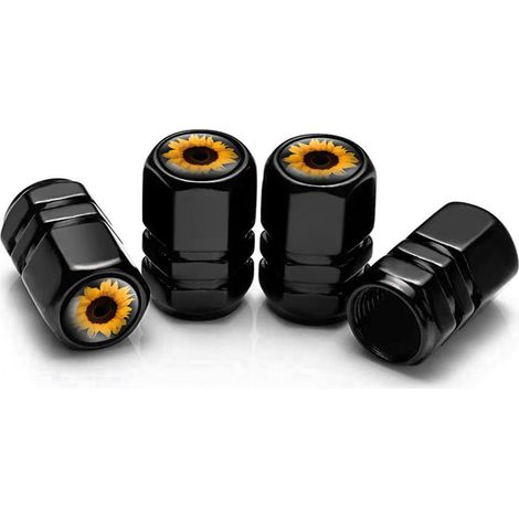 4 pièces de couvercles de valve de voiture tournesol personnalisés - noirs, couvercles de valve de voiture en métal, adaptés à différents modèles, accessoires de pneus (1/4)