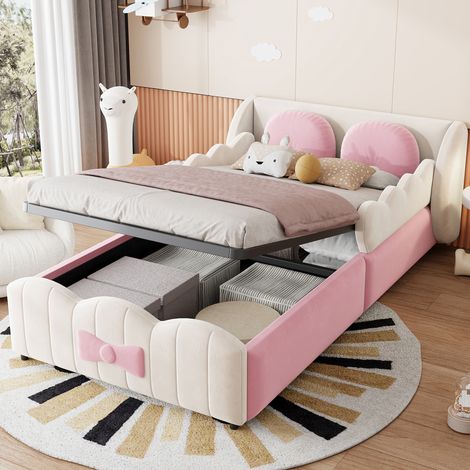 Cama infantil 90x200 cm beige de terciopelo con almacenaje hidráulico (1/5)