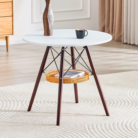 Table à Manger Ronde avec Étagère Suspendue - Ø80x71.5cm - Cuisine Style Scandinave en Bois Massif MDF - Noyer et Blanc (1/5)