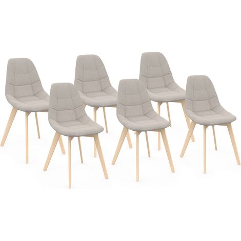 Idmarket – Lot de 6 chaises scandinaves en tissu beige – Pieds en bois de hêtre – Dimensions 46x53x80cm – Rembourrage mousse pour confort (1/5)