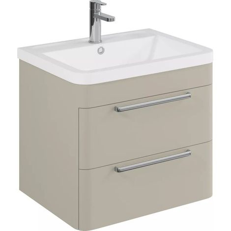 Balterley Calwich Contemporary Bathroom Wall Hung Vanity Unit with 2 Soft Close Drawers & 1 Tap Hole Polymarble Basin, Pebble Grey, 600mm (1/4)