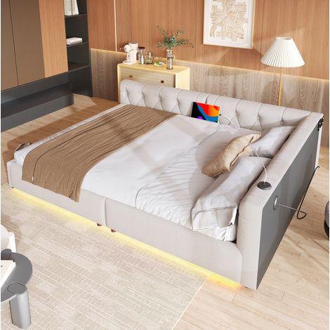 Cama de día 140/200 cm beige de lino y MDF con USB, USB-C, LED y cabecero capitoné (1/5)