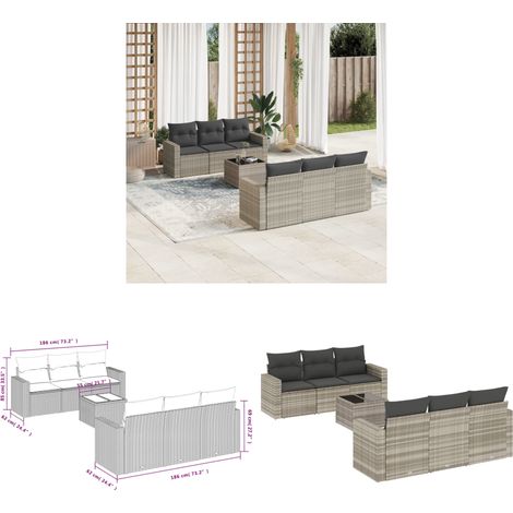 7-tlg. Garten-Sofagarnitur mit Kissen Hellgrau Poly Rattan - Gartensorte - Esszimmergarnitur - Lounge Set - Outdoor Möbel - Gartenmöbelset - Home & Living (1/3)
