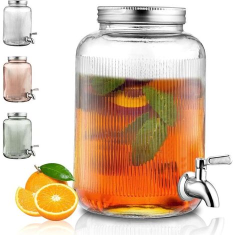 distributeur boisson en verre, réfrigérateur 4L avec robinet étanche en acier inoxydable, distributeur de jus barbecue, pique-, fête à la piscine et événement social (transparent) (1/4)