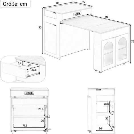 Ausziehbare Kücheninsel 80x55x93 cm aus MDF in Weiß mit Rollen, platzsparend – MEUBLIV (1/5)