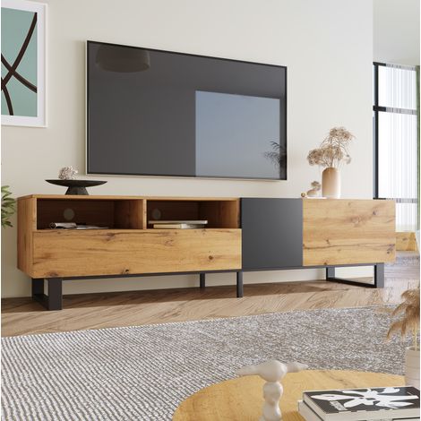 Meuble TV 180x38x50cm en bois MDF et fer – 2 tiroirs et 2 compartiments ouverts – Couleur chêne et anthracite – Montage facile (1/5)