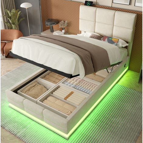 Letto contenitore 90x200 cm in velluto beige, testiera regolabile, LED, USB/Type-C HAVRYA (1/5)