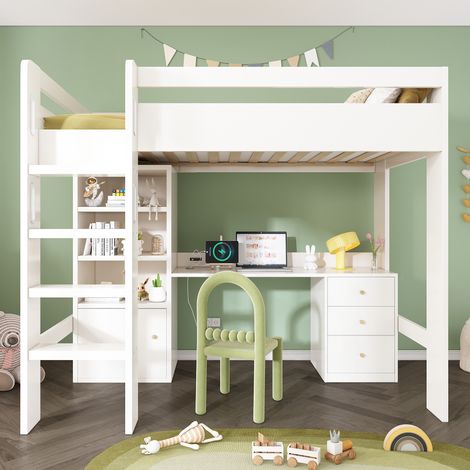 Lit mezzanine 90/200 cm blanc en panneaux de bois avec bureau et rangements (1/5)