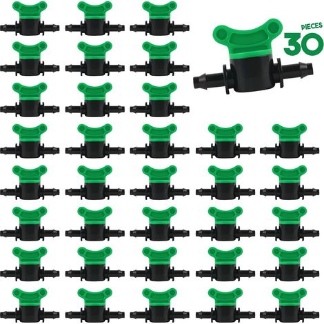 Lot de 30 vannes d'irrigation goutte à goutte de 6,35 mm, valves barbelées pour tuyau de 4/7 mm, contrôle du débit d'eau, valve de coupure pour système d'arrosage (vert) (1/5)