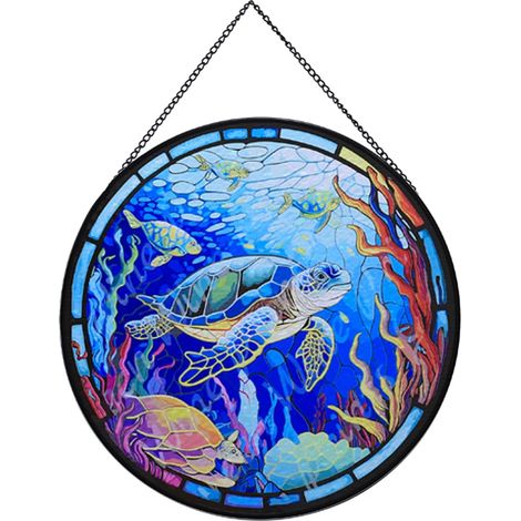 Hängendes Buntglasfenster, 20 cm, schildkrötenförmige Glasscheibe, Gartendekoration (1/5)
