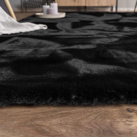 Tapis salon à poils longs, effet fourrure de lapin, doux et moelleux Noir, Rond, 160 cm x 160 cm x 39 mm (1/3)