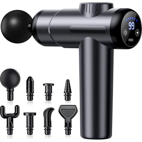Pistola de masaje muscular, con 99 niveles ajustables y 8 cabezales de masaje, masajeador muscular profesional con pantalla LCD para el alivio del dolor muscular. (1/5)