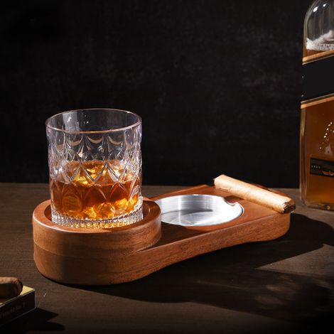 Ovaler Zigarrenaschenbecher aus Holz mit Untersetzer im Retro-Stil, abnehmbar und elegant. 2-in-1-Whiskytablett und Zigarrenhalter für Zuhause, Bar oder Büro. (1/5)