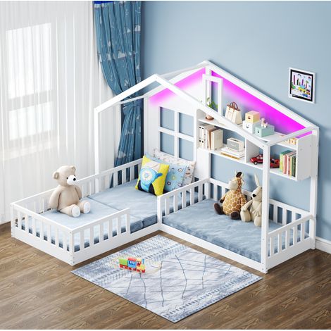 Cama individual 90x200 cm con LED y estanterías, en forma de casa, barandilla de seguridad, en madera blanca, sin colchón (1/5)