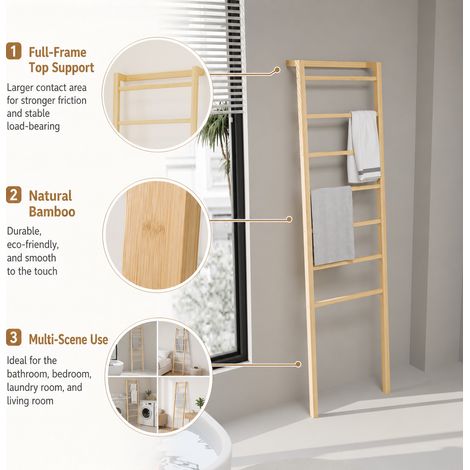 Échelle en bambou 7 barreaux, porte-serviettes mural inclinable, support vêtements pour salle de bain, déco naturelle, design épuré (1/5)