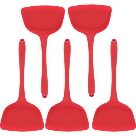Spatule de cuisine ergonomique avec trou de suspension. lot de 5. protège des brûlures. spatule chinoise en silicone. rouge (1/4)