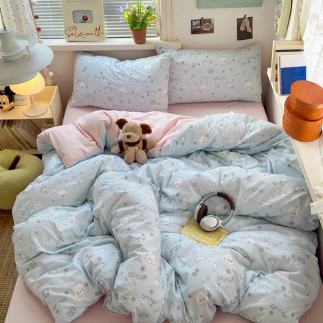 4-teiliges Bettwäsche-Set aus ultra-weicher, gewaschener Baumwolle der Kategorie A, Bettbezug und Spannbettlaken für 180x200 cm Bett, Nougat-Bären-Motiv, ideal für Mutter und Baby, Studenten-lsw