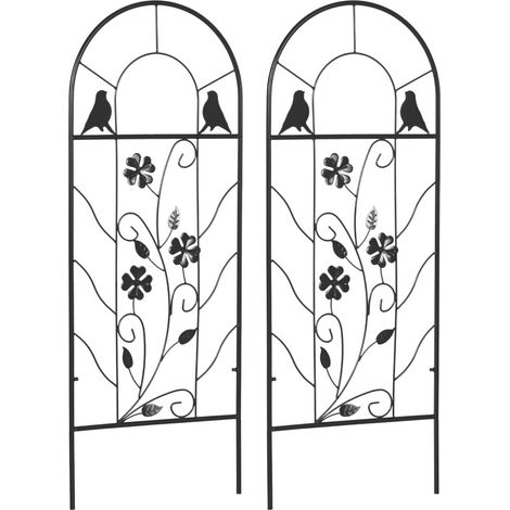 Lot de 2 Treillis métalliques décoratifs avec motifs oiseaux et trèfles, 38 x 98 cm, noir pour jardin et terrasse (1/5)