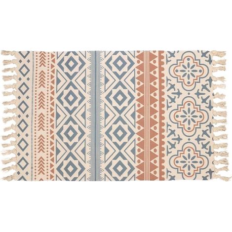 Umnuou – Handgewebter Baumwollteppich 60x90 cm – Geometrisches Muster – Dekorative Fransen – Für Wohnzimmer, Schlafzimmer und Flur