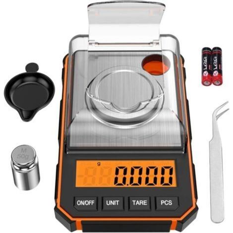 Präzisionswaage 0,001 g, Taschenpräzisionswaage mit 50-g-Kalibriergewicht, Küchenwaage mit Tarafunktion und hintergrundbeleuchtetem LCD-Display für Lebensmittel, Pulver usw. – Orange (1/5)