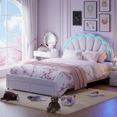 Polsterbett 140x200, Einzelbett mit LED-Beleuchtung & Schublade, Einzelbett Kinderbett aus Samt, Muschel-Kopfteil, Weiß