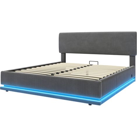 Lit rembourré gris foncé 160 x 200 cm en velours côtelé avec LED et USB-C HOMVRA (1/5)