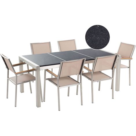 Set da Giardino Tavolo Piano Granito Nero 6 Sedie Beige 180 x 90 cm Grosseto (1/5)