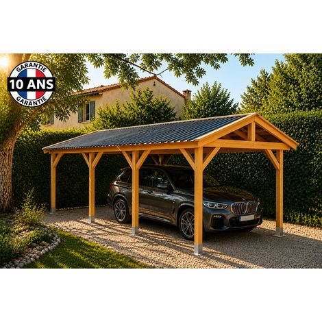 Carport bois 2 pentes en bois douglas 24 m², 8 poteaux avec pieds de poteau fixes. Abri voiture extérieur. Garantie 10 ans. (1/5)