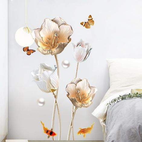 CCYKXA  Flower Wall Stickers, Gold Wall Decals, Lotus Flowers, Tulip Design, Decorative Stickers for Living Room, Bathroom, Bedroom