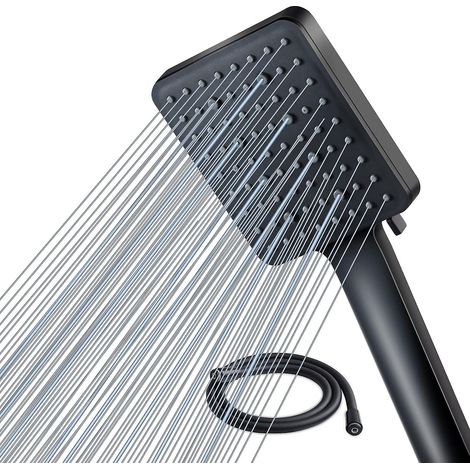 Pommeau de douche avec flexible de 1,5 m, douchette de salle de bain, pommeau de douche noir haute pression carré universel ajustable, pommeau de douche puissant (1/5)
