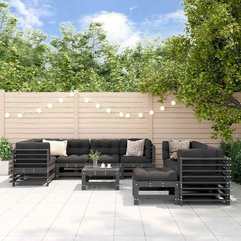 10-tlg. Garten-Lounge-Set mit Kissen Grau Massivholz (1/5)