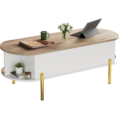 1205043cm Couchtisch Wohnzimmertisch Kaffeetisch mit Höhenverstellbarer Platte,Wohnzimmertische, Beistelltische, Sofatische mit verstecktem Stauraum,kaffetisch mit 7 Ablageflächen,Holzfarbe+Weiß (1/5)