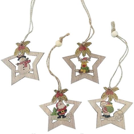 Lot de 8 décorations de Noël amusantes à suspendre : pendentifs créatifs pour sapin de Noël, Père Noël, bonhomme de neige, renne, ours, pendentif en bois en forme d'étoile à cinq branches.-6.5X6.9CM