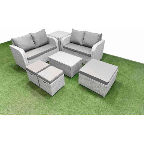 Fimous 7 Seater Outdoor Love Sofa Set Rattan Garden Furniture Set with Rectangular Coffee Table 3 Footstool Side Table Light Grey (1/5)