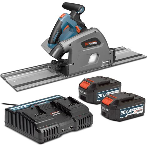 Scie circulaire plongeante sans fil 40V (2x20V) 125mm avec 2 rails de 70cm - livrée avec 2 batteries 4Ah et un chargeur double rapide. (1/4)