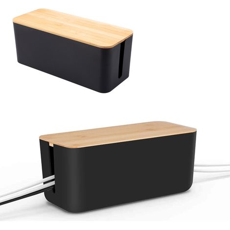 Set di 2 scatole per la gestione dei cavi con coperchi in legno per computer desktop, sistema hub USB (nero) Piccola Media (1/5)