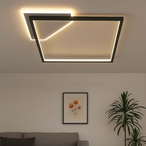 LED Deckenleuchte schwarz Designleuchte dimmbar Deckenlampe integrierter Stufenschalter, Metall, 24W 2700Lm warmweiß, LxBxH 46,6x46,6x5,7 cm
