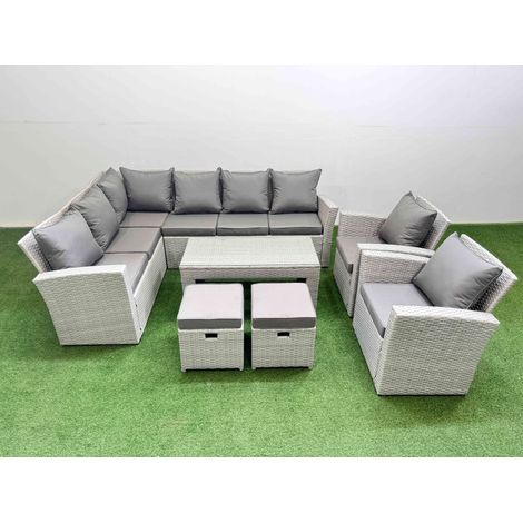 Fimous Rattan Garden Furniture Set Outdoor 10 Seater Corner Sofa Sets with Oblong Coffee Table Chair 2 Small Footstool Light Grey Mixed (1/5)