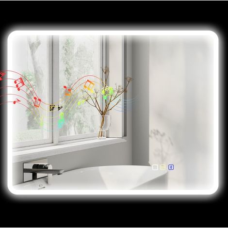 Miroir de salle de bain LED 70x90 cm avec Bluetooth et éclairage réglable 3 couleurs, anti-buée, cadre argenté (1/5)