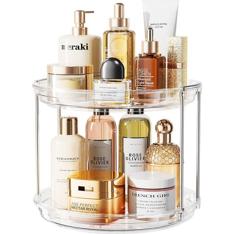 Boîte de rangement pour maquillage rotative, étagère transparente à double couche (1/5)