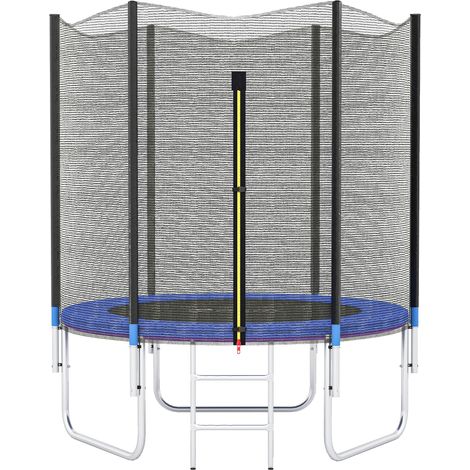 Trampoline de jardin rond 180 x 200 cm filet de sécurité porte zippée coussins protecteurs design moderne en acier bleu (1/5)